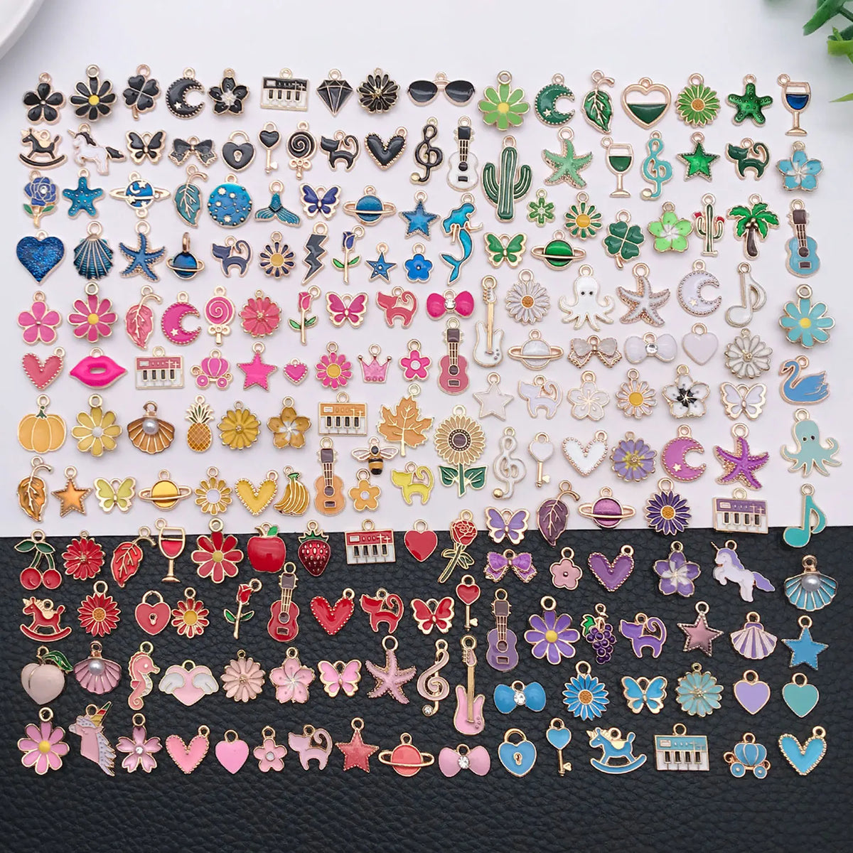 A collection of colorful enamel alloy flower charms and beads for DIY jewelry making