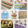 A collection of handmade crochet bags and accessories made from soft chunky yarn in various colors like pink, green, blue, an