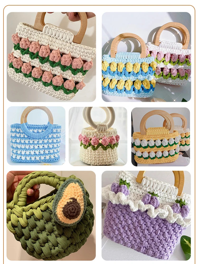 A collection of handmade crochet bags and accessories made from soft chunky yarn in various colors like pink, green, blue, an