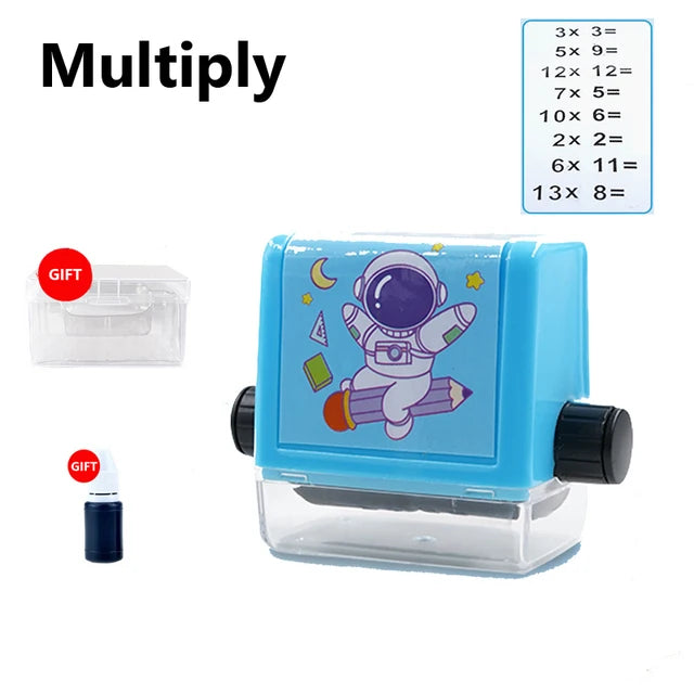 A blue math roller stamp with various multiplication problems printed on it, next to a clear plastic container.