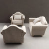 A miniature beige striped sofa and pillow set for a dollhouse display.