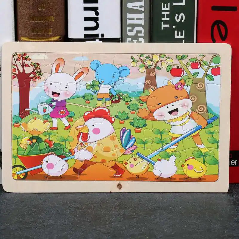 A 24-piece wooden animal jigsaw puzzle featuring various cute woodland animals like a rabbit, blue bear, and fox.