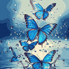 A vibrant blue butterfly painted by numbers on canvas, surrounded by sparkling water droplets.