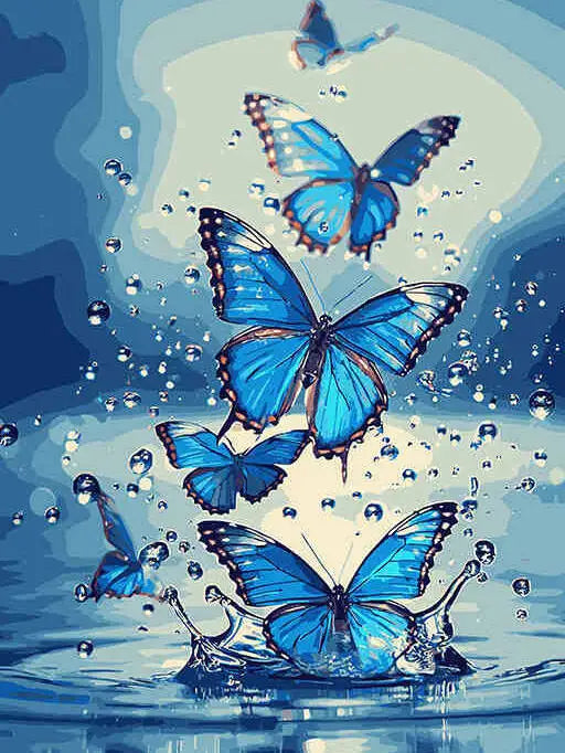 A vibrant blue butterfly painted by numbers on canvas, surrounded by sparkling water droplets.