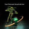 A green, insect-like figure is shown with a glowing orange wire, representing the Yoyo Telescopic Strap Araki Line product.