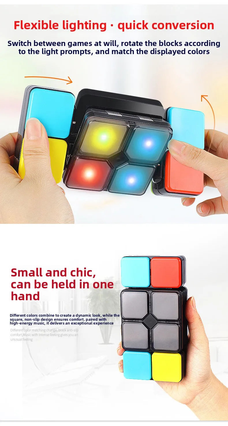 A hand holds a flexible lighting puzzle cube with multiple colored blocks and a display.