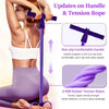 A woman is using a purple resistance band kit for exercise, showing the handle and tension ropes.
