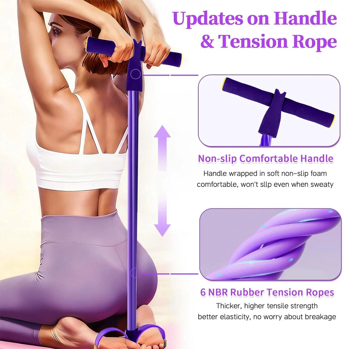 A woman is using a purple resistance band kit for exercise, showing the handle and tension ropes.