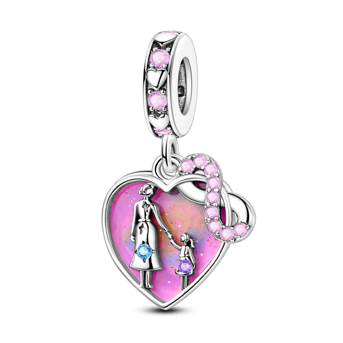 Silver-Plated Heart Charm Bead with Cubic Zirconia for Bracelets and DIY Jewelry
