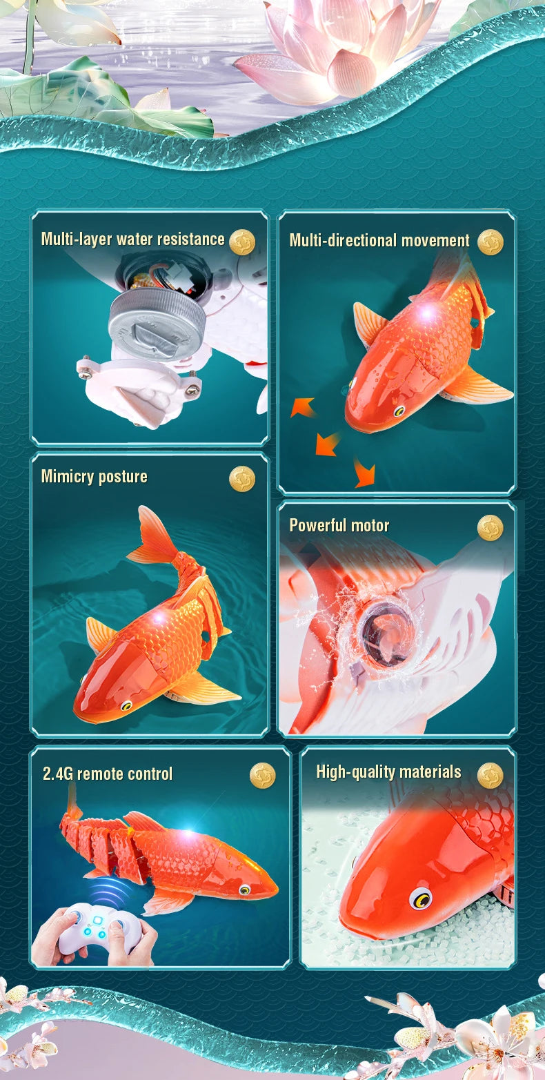 A remote control swimming shark toy is shown with features like multi-layer water resistance, mimicry posture, powerful motor