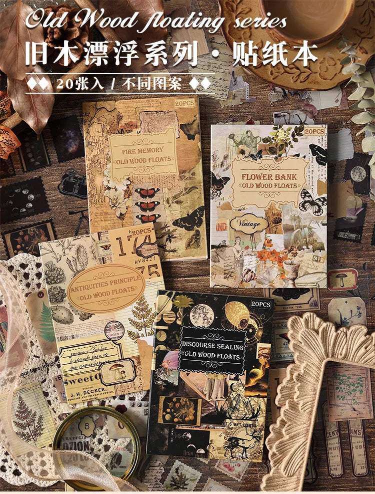 A collection of vintage PET sticker sheets for journaling and scrapbooking featuring floral, nature, and antique designs.