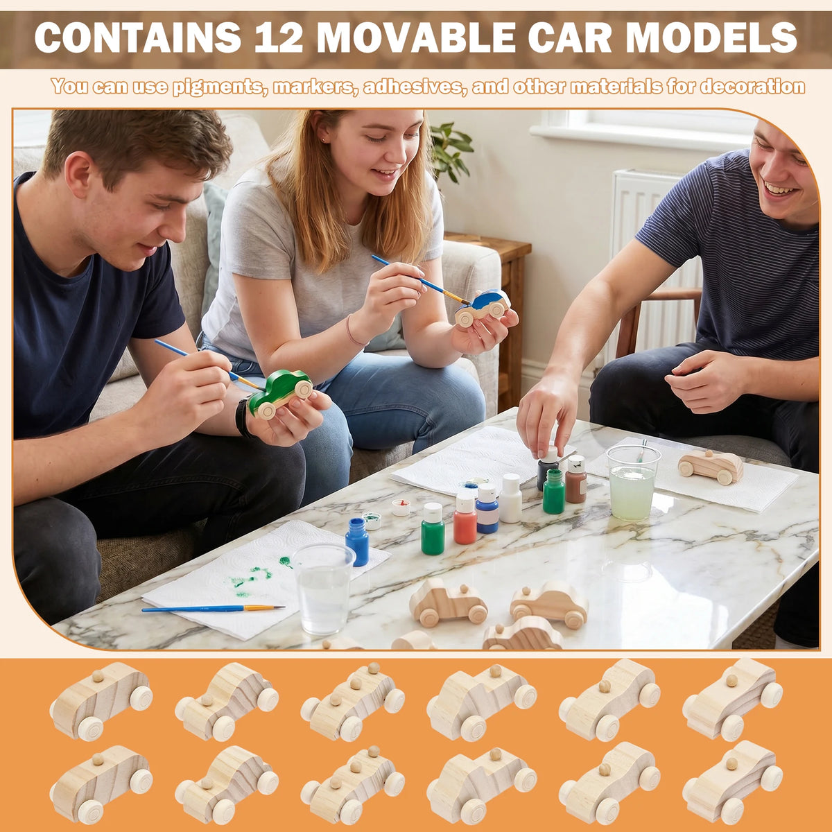 A craft set containing 12 movable wooden race cars and various materials for decoration.