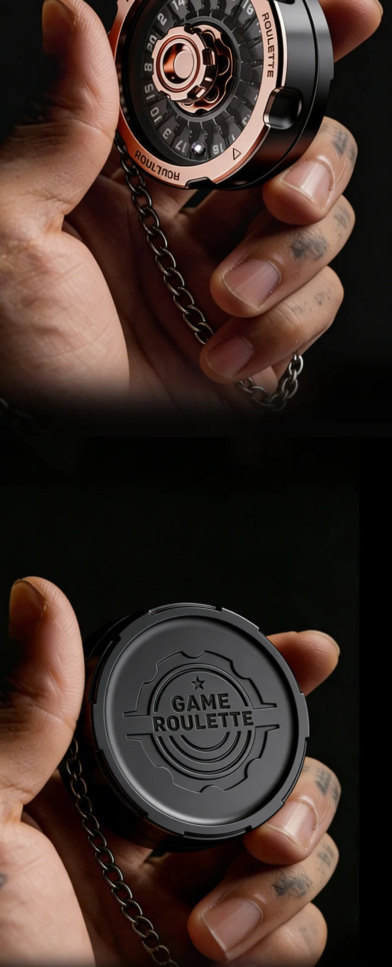 A hand holds a black metal roulette fidget spinner with a chain, showing the top view of the game roulette design.