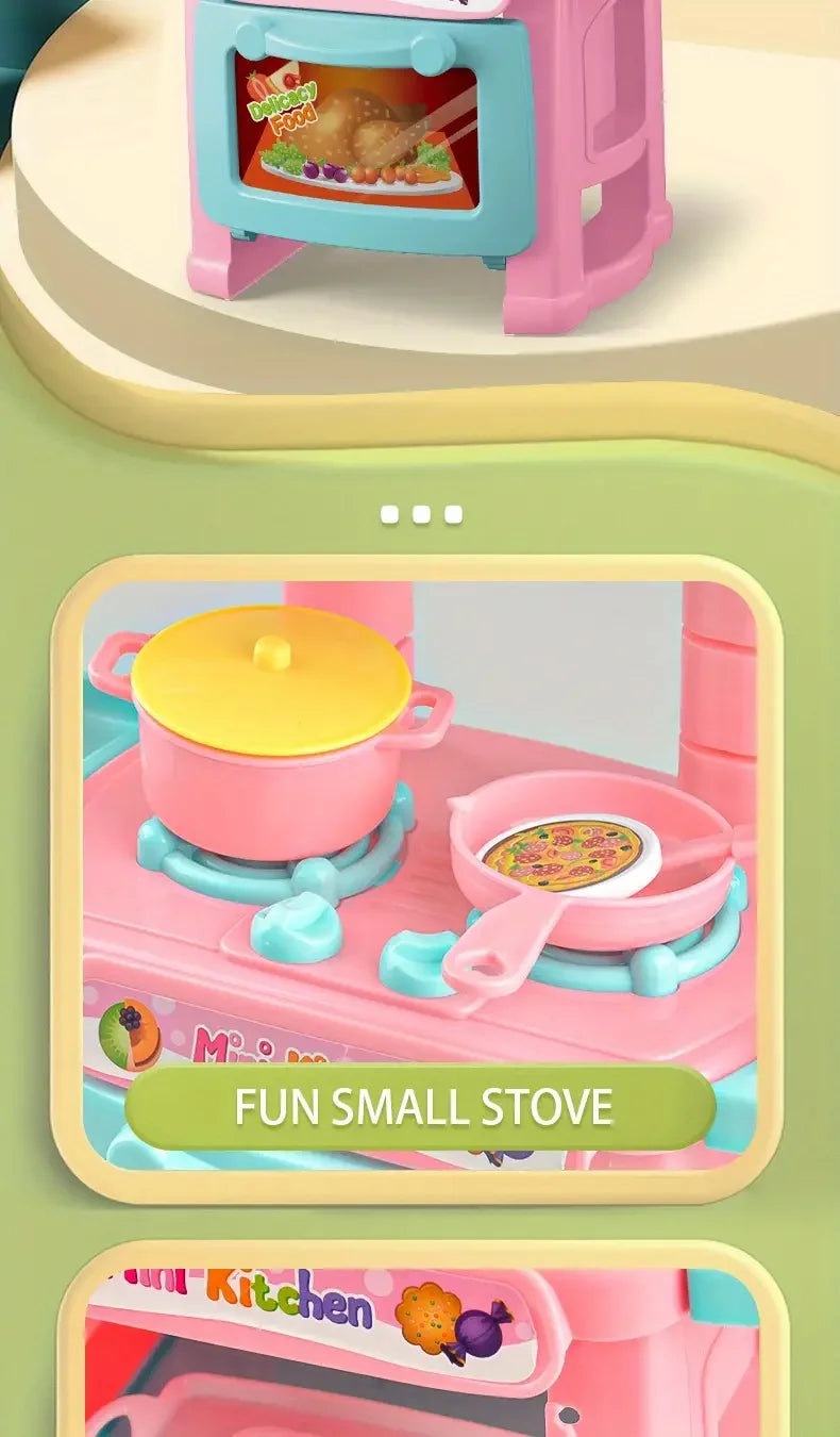 A pink mini pretend play kitchen set featuring a yellow pot and cooking accessories on a light-colored surface.