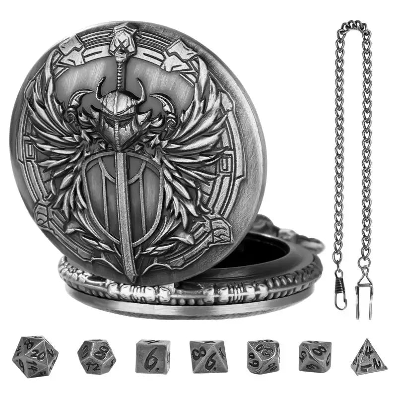 Metal Polyhedral Dice Set with Pocket Watch Case