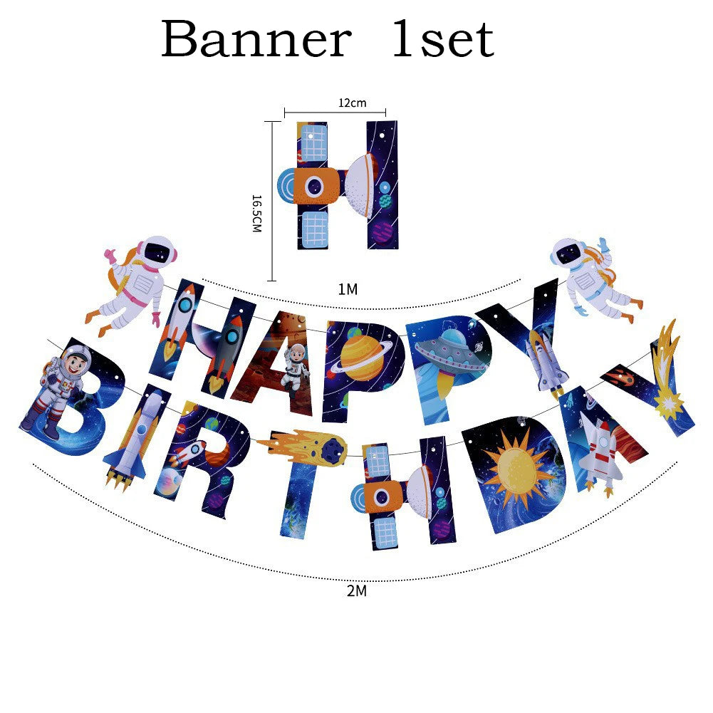 A banner set featuring space-themed decorations including astronaut figures, planets, and solar system elements.