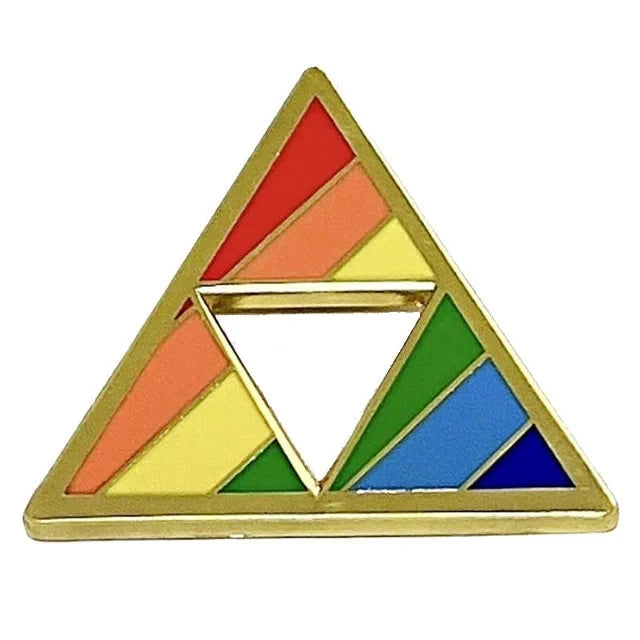 A triangular enamel pin brooch featuring a multicolored, striped design with a clear geometric cutout.