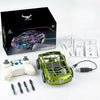 A green flying car RC drone and a white remote control are displayed next to its packaging.