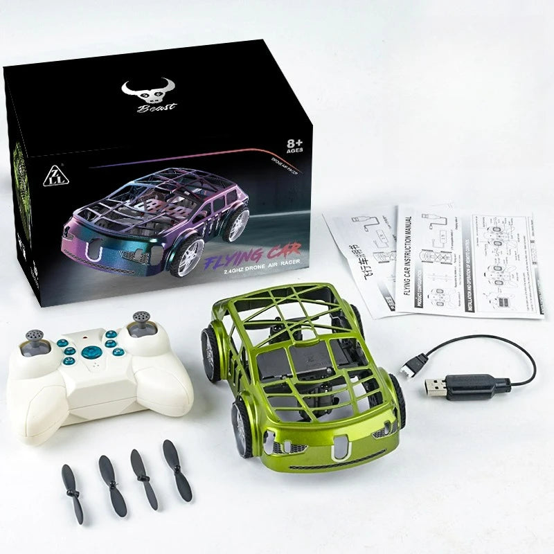 A green flying car RC drone and a white remote control are displayed next to its packaging.