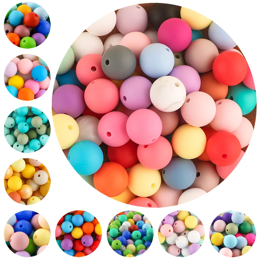 A variety of colorful silicone round beads in various shades and sizes for jewelry making and DIY crafts