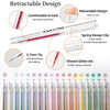 A set of colorful glitter gel pens featuring a retractable design, 0.7mm tips, and spring clip.