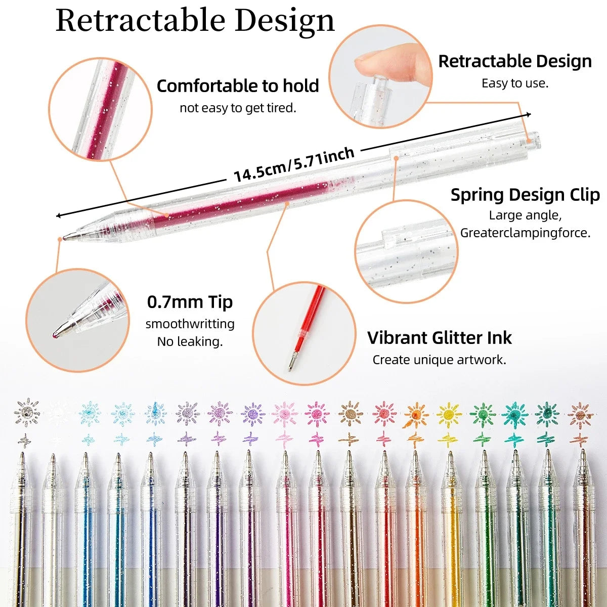A set of colorful glitter gel pens featuring a retractable design, 0.7mm tips, and spring clip.