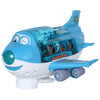 A blue toy airplane with clear cockpit windows and a smiling face, featuring lights and music.