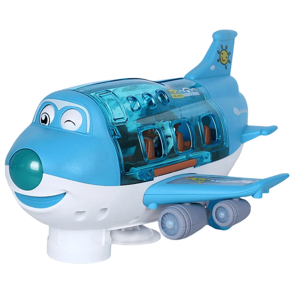 A blue toy airplane with clear cockpit windows and a smiling face, featuring lights and music.