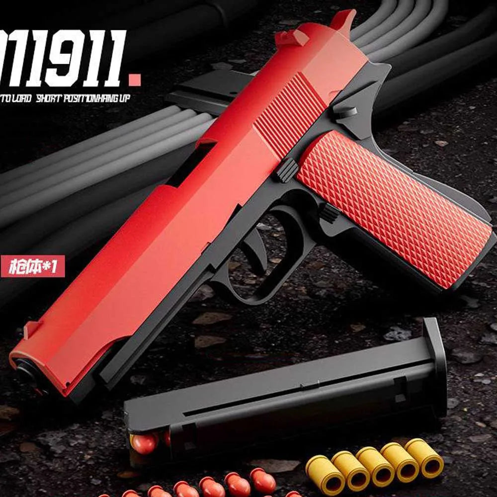 A red automatic shell-ejecting fidget pistol toy is shown with ammunition and parts on a dark surface.