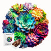 A colorful wooden jigsaw puzzle featuring various succulent plants and flowers.