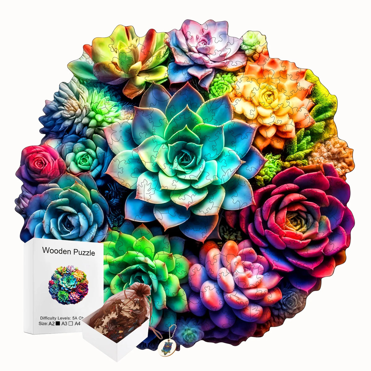 A colorful wooden jigsaw puzzle featuring various succulent plants and flowers.