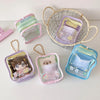 A collection of cute storage pouches and bags in pastel colors, including pink, green, purple, and blue, with a woven basket 
