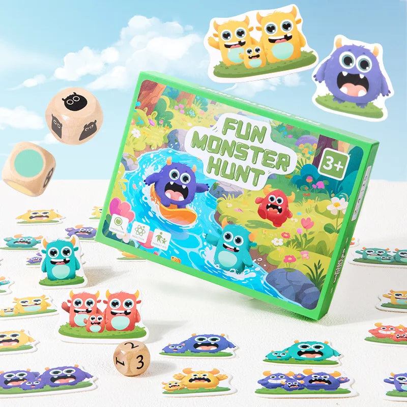 A box of Fun Monster Hunt board game with colorful monster pieces and components displayed on a white surface.