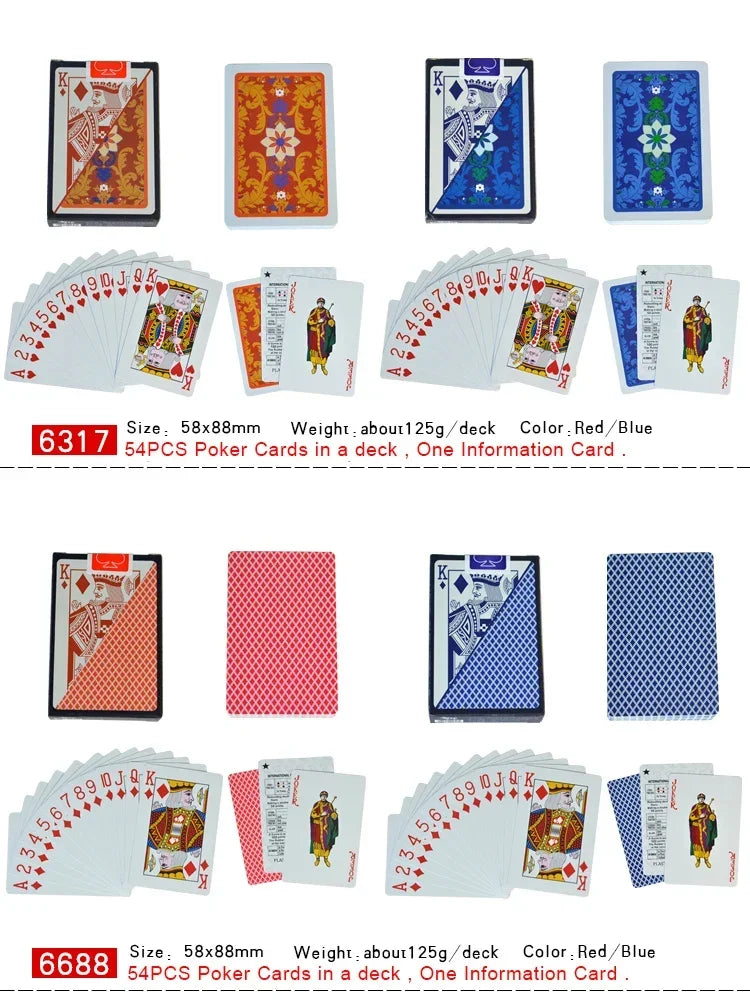 A set of waterproof plastic playing cards in red and blue colors with information cards.