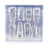 A clear silicone mold featuring intricate sea shell, starfish, and ocean designs for nail art.
