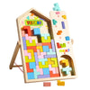 A wooden Tetris puzzle set featuring colorful blocks arranged in a geometric frame.