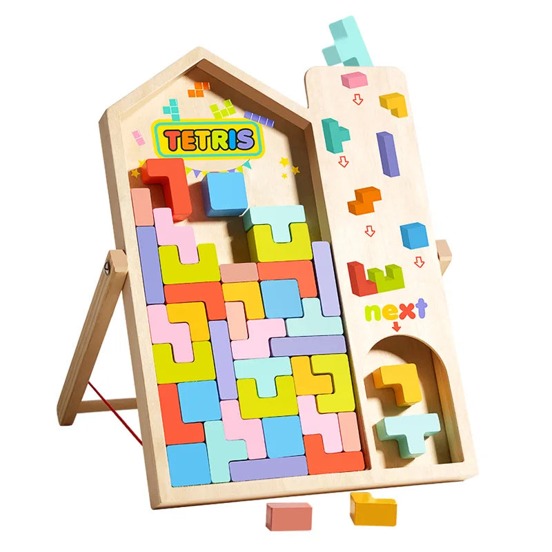 A wooden Tetris puzzle set featuring colorful blocks arranged in a geometric frame.