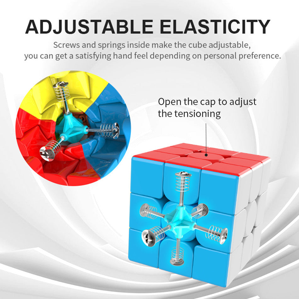 A blue and red cube puzzle with adjustable elasticity mechanism inside.