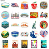 A collection of USA map cartoon stickers featuring landmarks like the Statue of Liberty, Grand Canyon, and New York City.