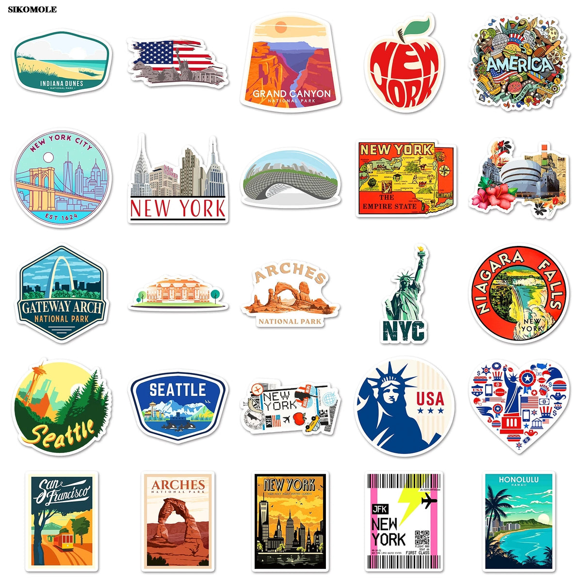 A collection of USA map cartoon stickers featuring landmarks like the Statue of Liberty, Grand Canyon, and New York City.