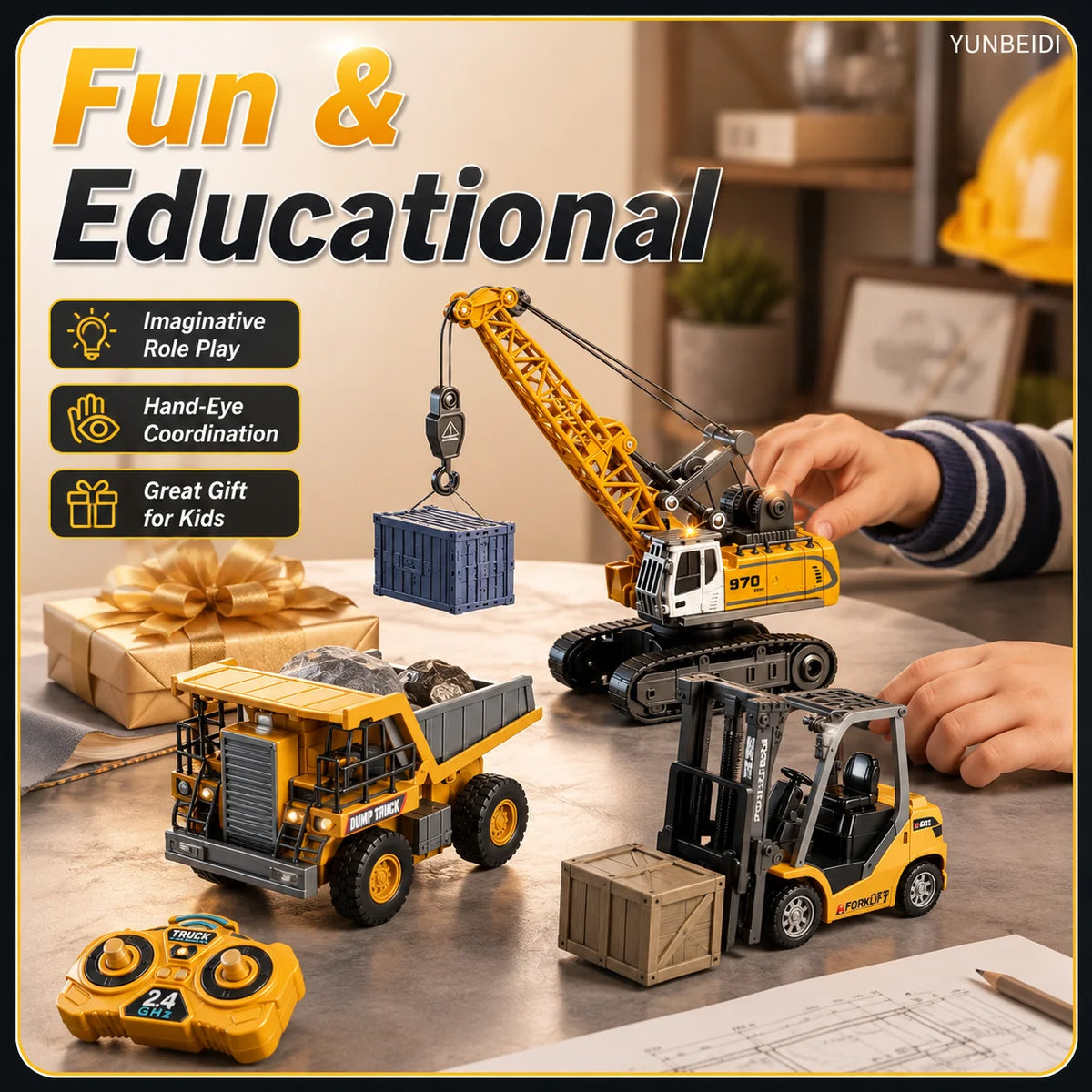 A yellow mini RC construction vehicle set featuring an excavator, a trailer, and a small dump truck on a table.