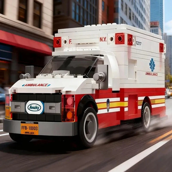 A white and red ambulance vehicle is driving on a road, viewed from the side.