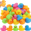 Assorted mini silicone rubber ducks in various bright colors like yellow, orange, pink, and blue