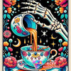 Diamond painting art featuring a hand pouring tea into a cup surrounded by floral elements and stars.