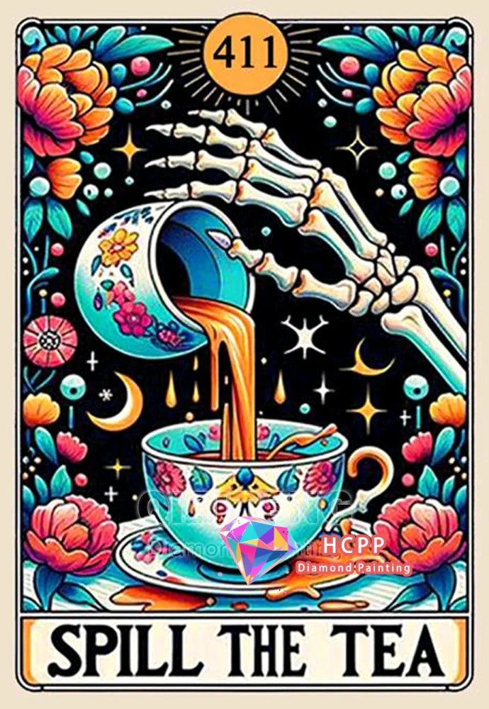 Diamond painting art featuring a hand pouring tea into a cup surrounded by floral elements and stars.