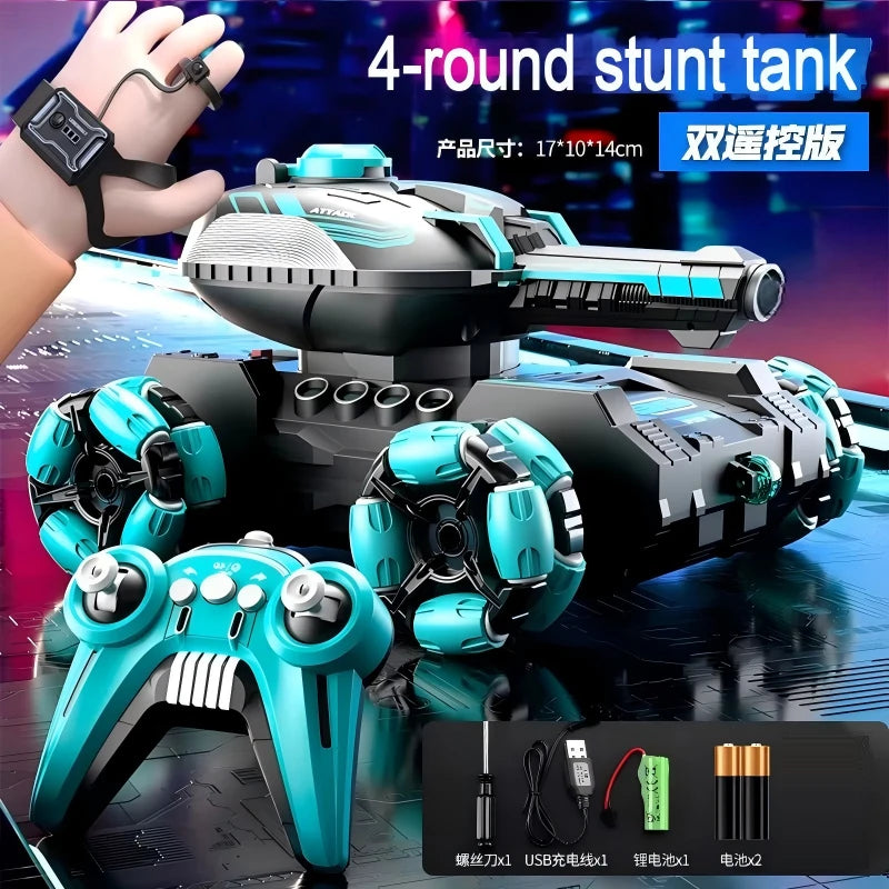 A black RC stunt tank is shown with a bright teal controller and accessories, ready for use.