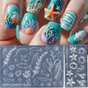 A hand displays various silicone nail art molds featuring sea creatures like starfish, coral, and fish in shades of blue and 