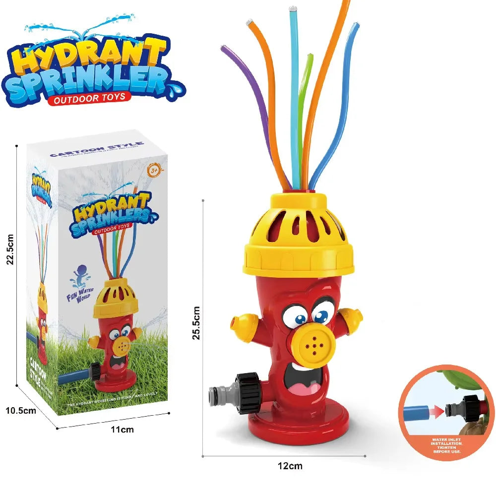 A yellow and red cartoon fire hydrant water sprinkler toy with colorful flexible tubes for outdoor play.