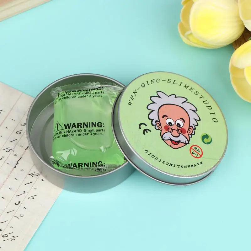 A round tin of Wen-Qing Slime Studio is shown next to a piece of lined paper.