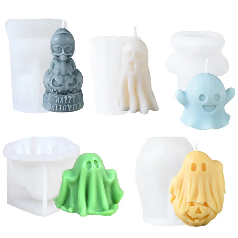 A collection of silicone molds shaped like ghosts in various colors including gray, cream, light blue, and green for candles 